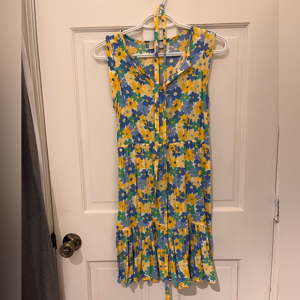 LOFT Blue and Yellow Ruffled Tie Front Sundress